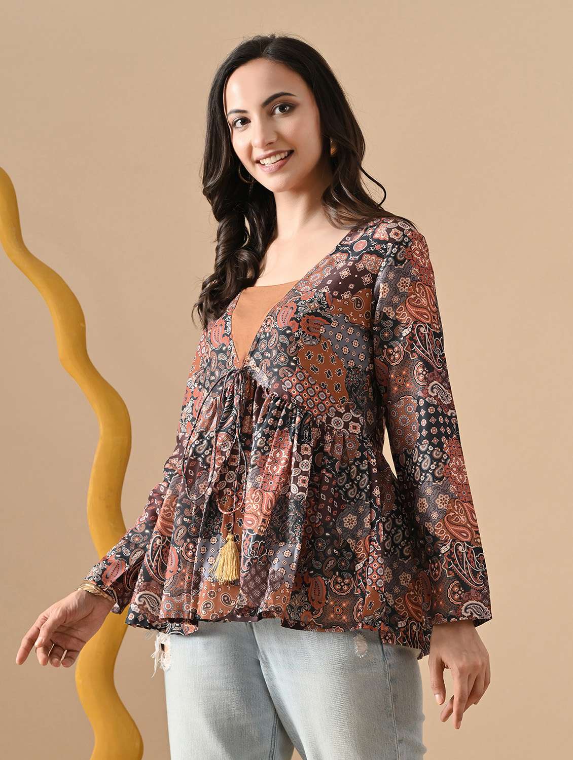 women printed long sleeve flared top - 22088751 -  Standard Image - 3