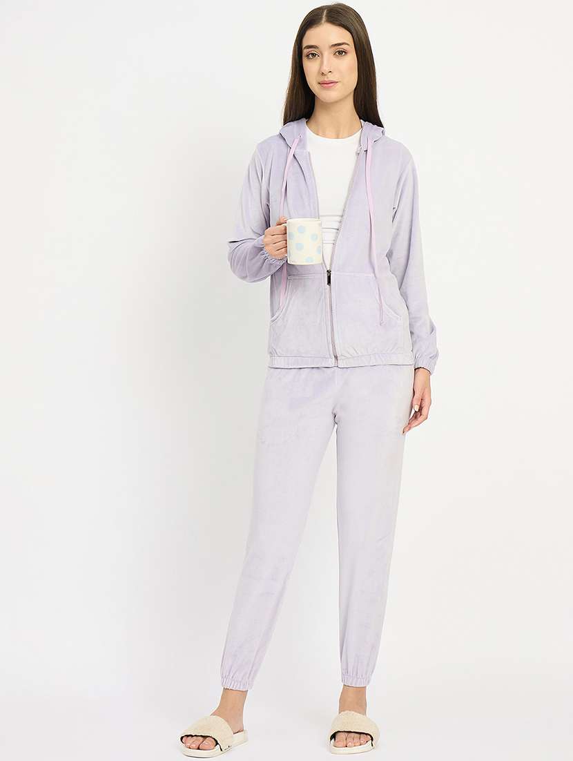 women solid hooded velvet nightwear pyjama set - 22088753 -  Standard Image - 3