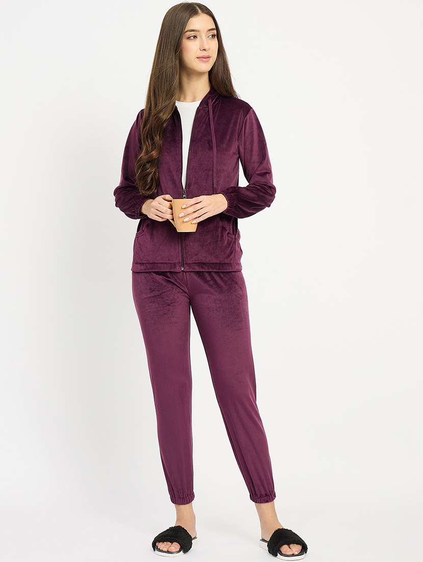 women solid hooded velvet nightwear pyjama set - 22088754 -  Zoom Image - 0