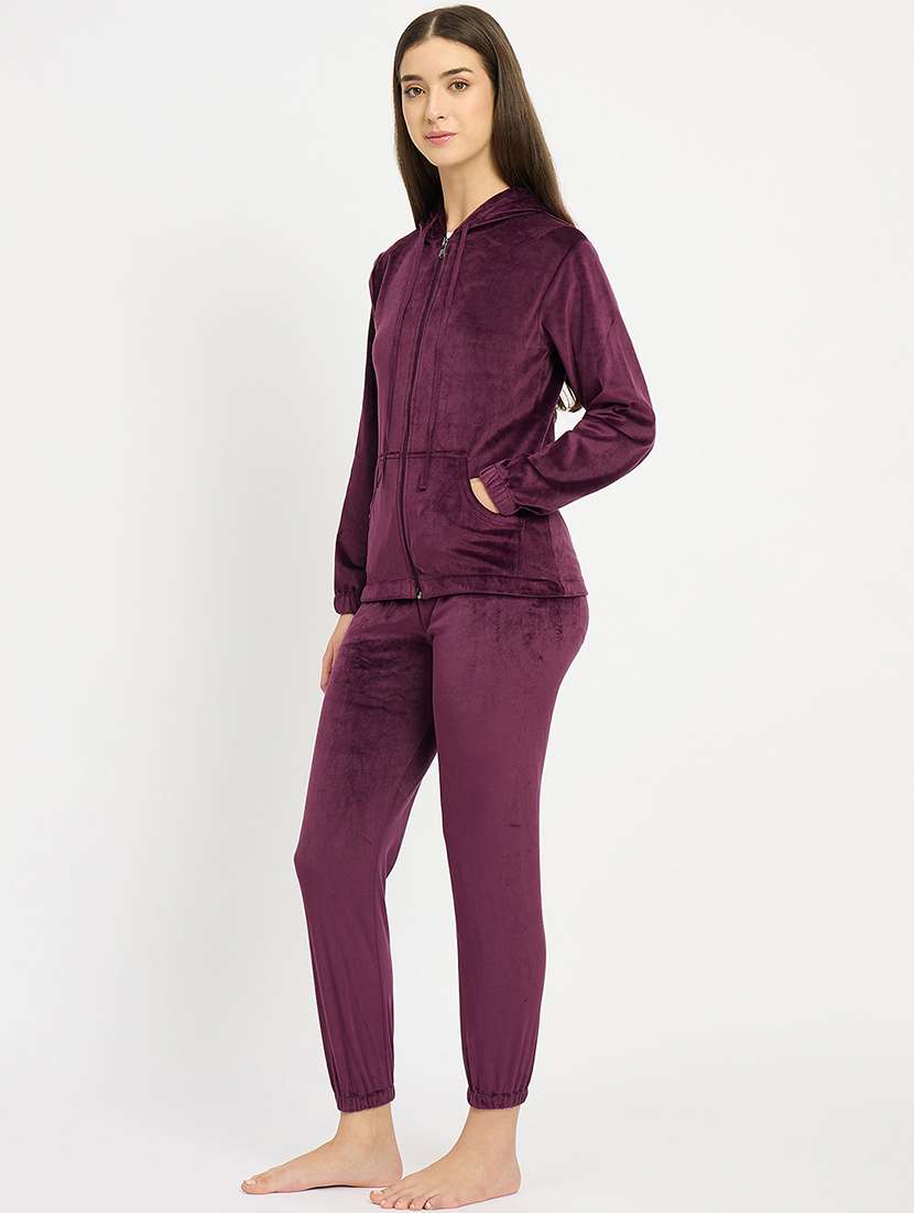 women solid hooded velvet nightwear pyjama set - 22088754 -  Standard Image - 3