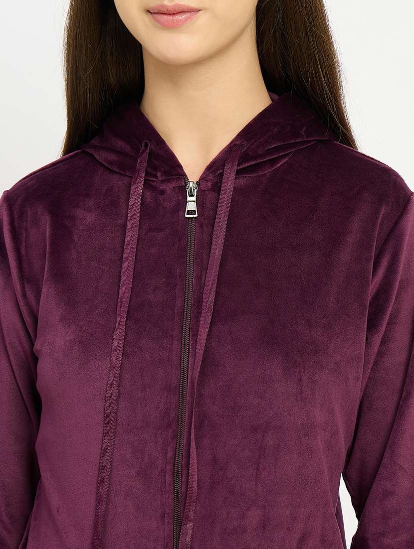 women solid hooded velvet nightwear pyjama set - 22088754 -  Standard Image - 5