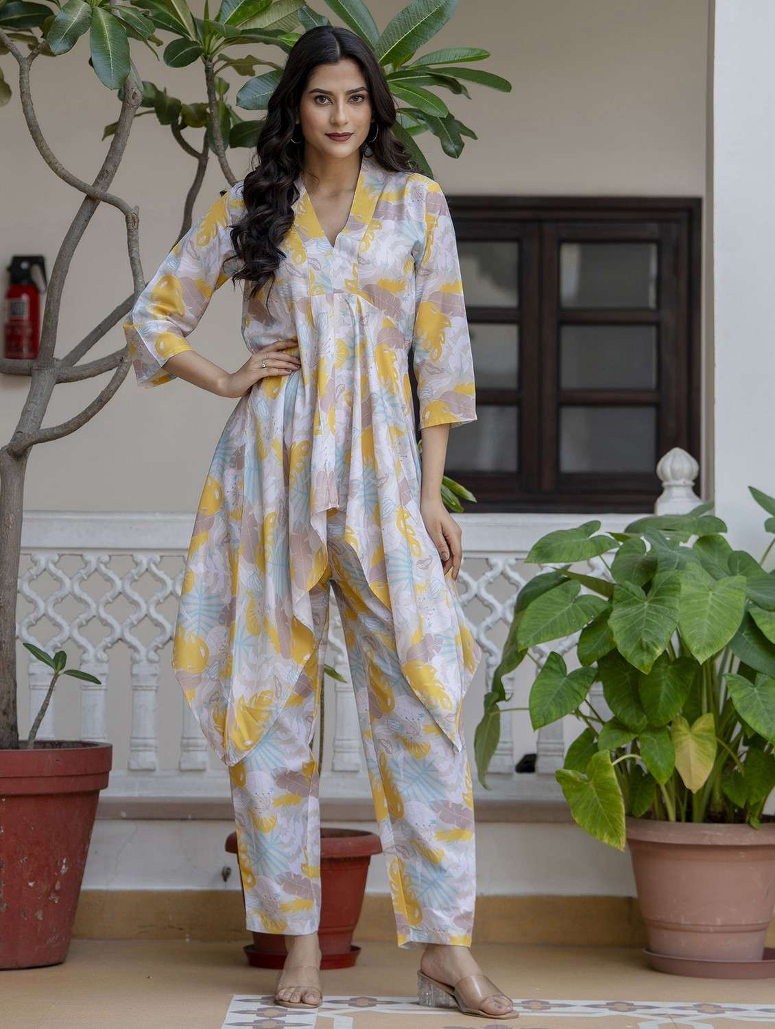 women printed three quarter sleeve ethnic co-ord set