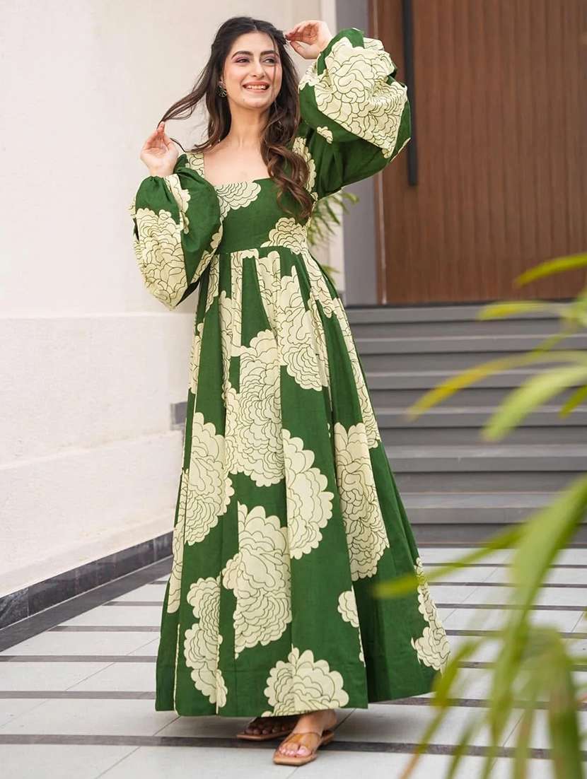 women floral print puff sleeve fit & flared dress