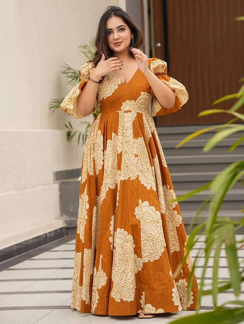 women floral print puff sleeve fit & flared dress