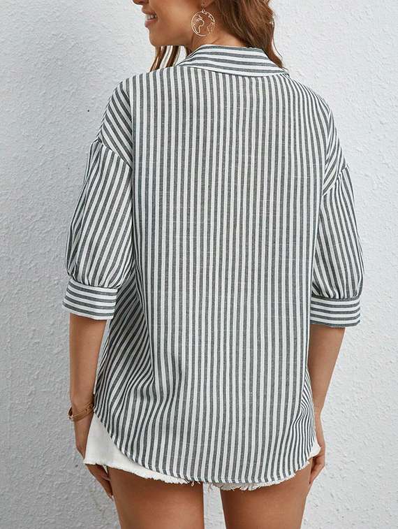 women striped collared long sleeve shirt - 22088879 -  Standard Image - 3