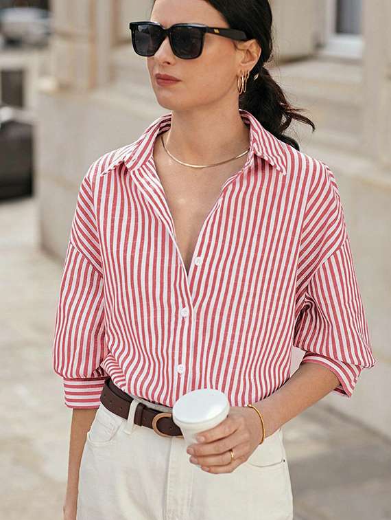 women striped collared long sleeve shirt