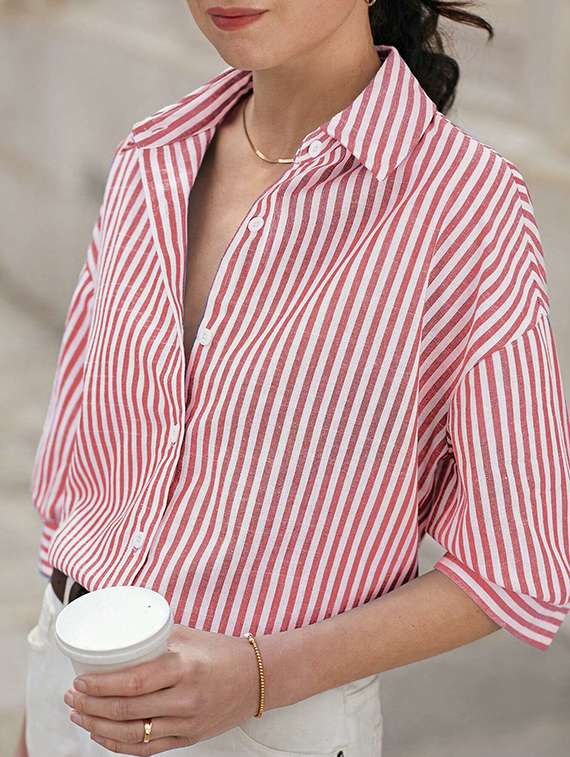 women striped collared long sleeve shirt - 22088880 -  Standard Image - 3