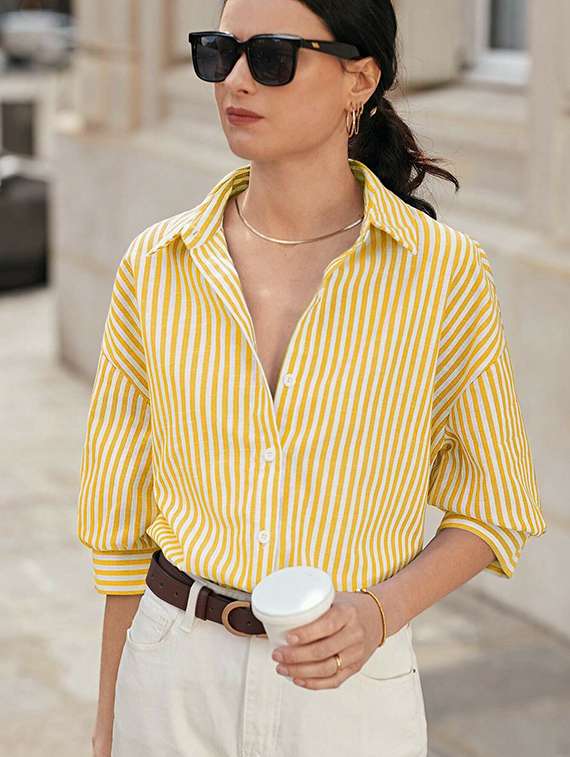 women striped collared long sleeve shirt