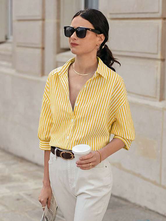 women striped collared long sleeve shirt - 22088882 -  Standard Image - 3