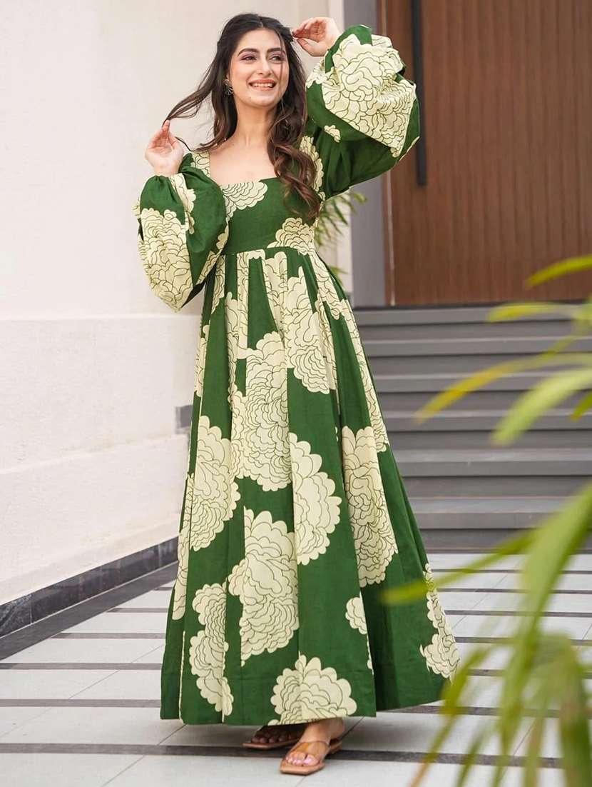 women floral print puff sleeve fit & flare dress