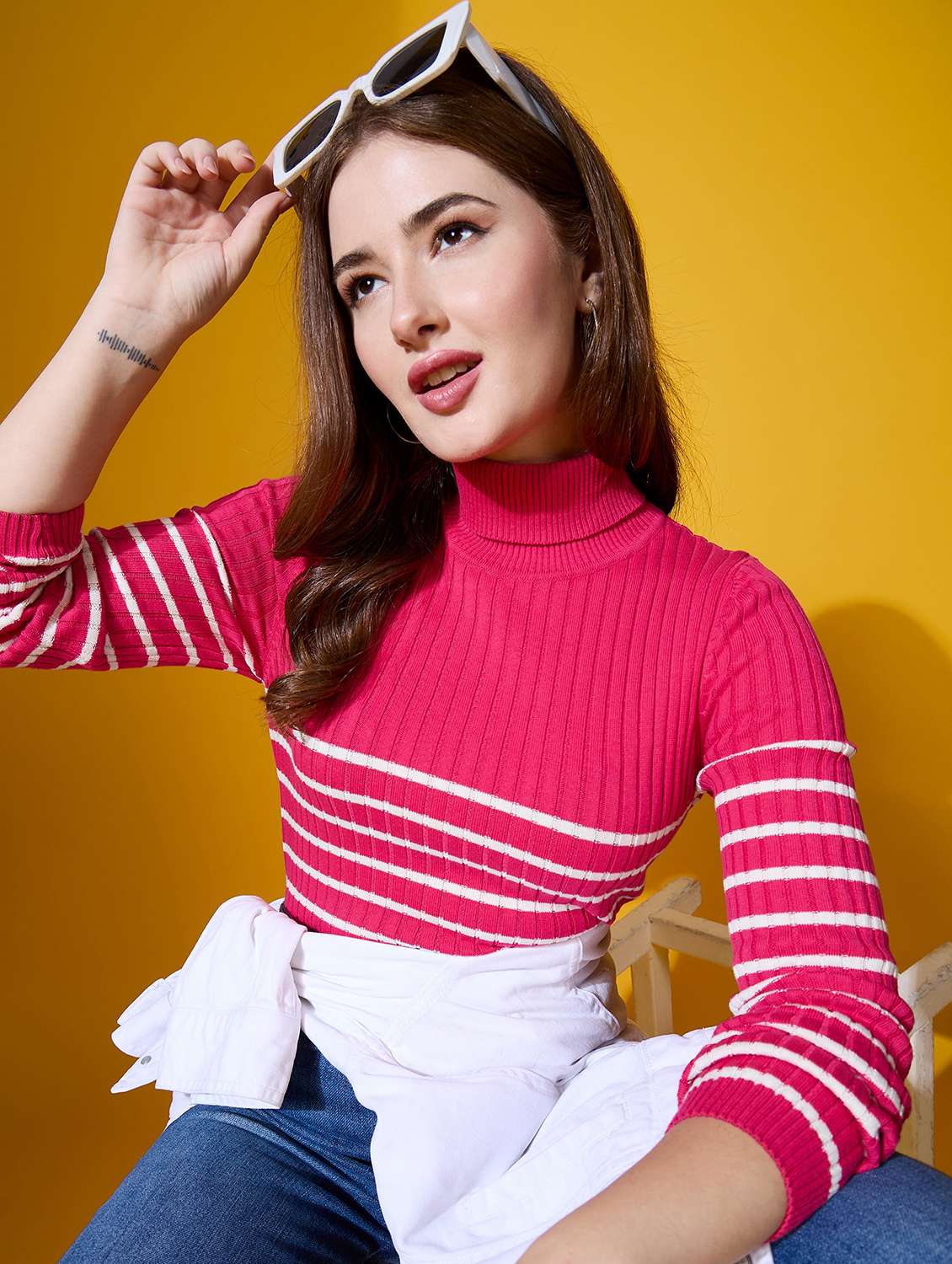 women striped high neck long sleeve pullover