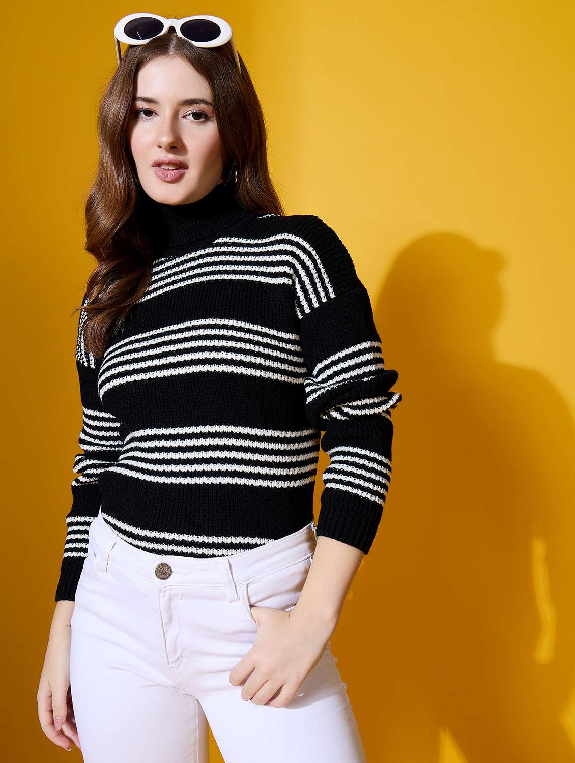 women striped high neck long sleeve pullover