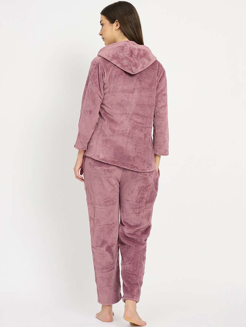 women solid hooded velvet nightwear pyjama set - 22088956 -  Standard Image - 3