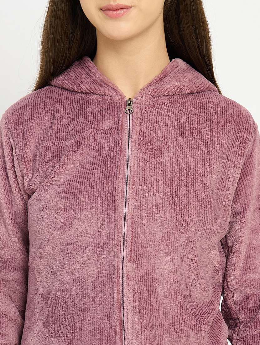 women solid hooded velvet nightwear pyjama set - 22088956 -  Standard Image - 5