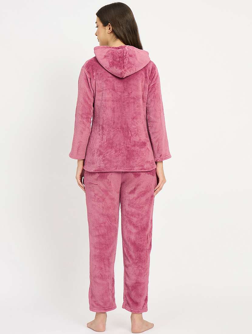 women solid hooded velvet nightwear pyjama set - 22088957 -  Standard Image - 3
