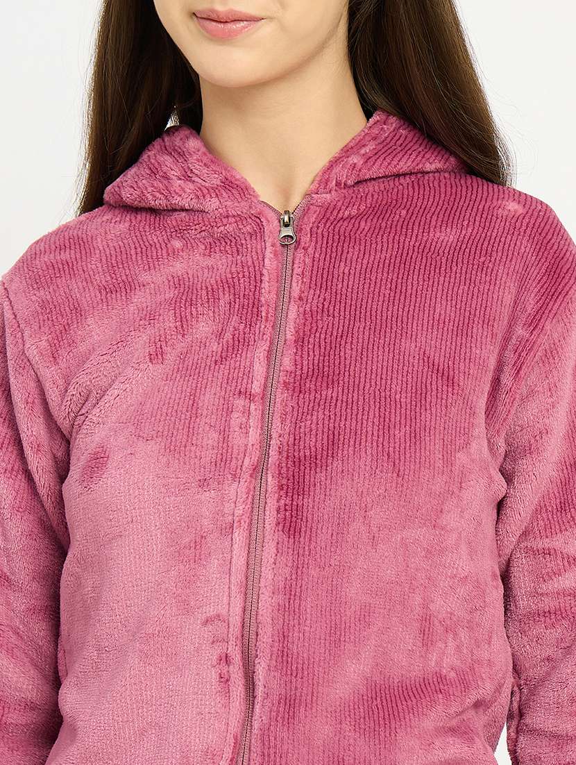 women solid hooded velvet nightwear pyjama set - 22088957 -  Standard Image - 5