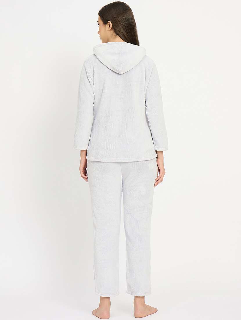 women solid hooded velvet nightwear pyjama set - 22088958 -  Standard Image - 3