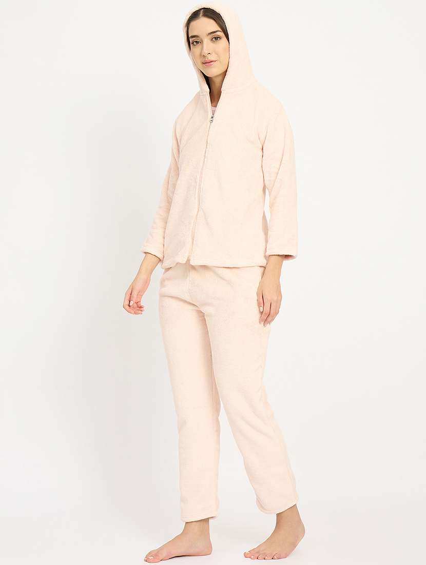 women solid hooded velvet nightwear pyjama set - 22088959 -  Standard Image - 3