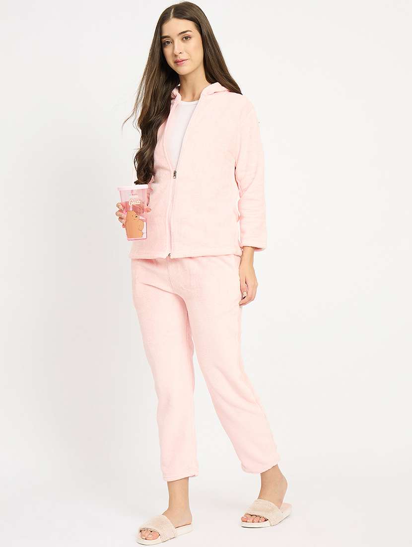 women solid hooded velvet nightwear pyjama set