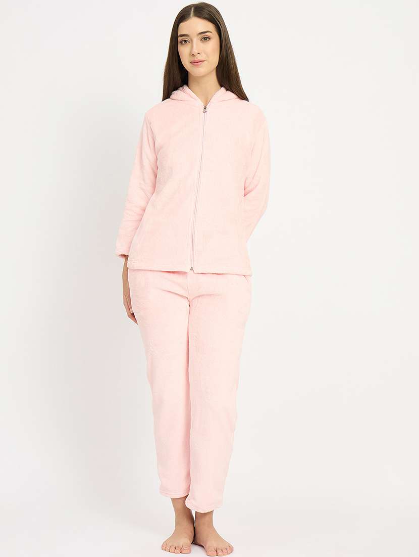 women solid hooded velvet nightwear pyjama set - 22088960 -  Standard Image - 3