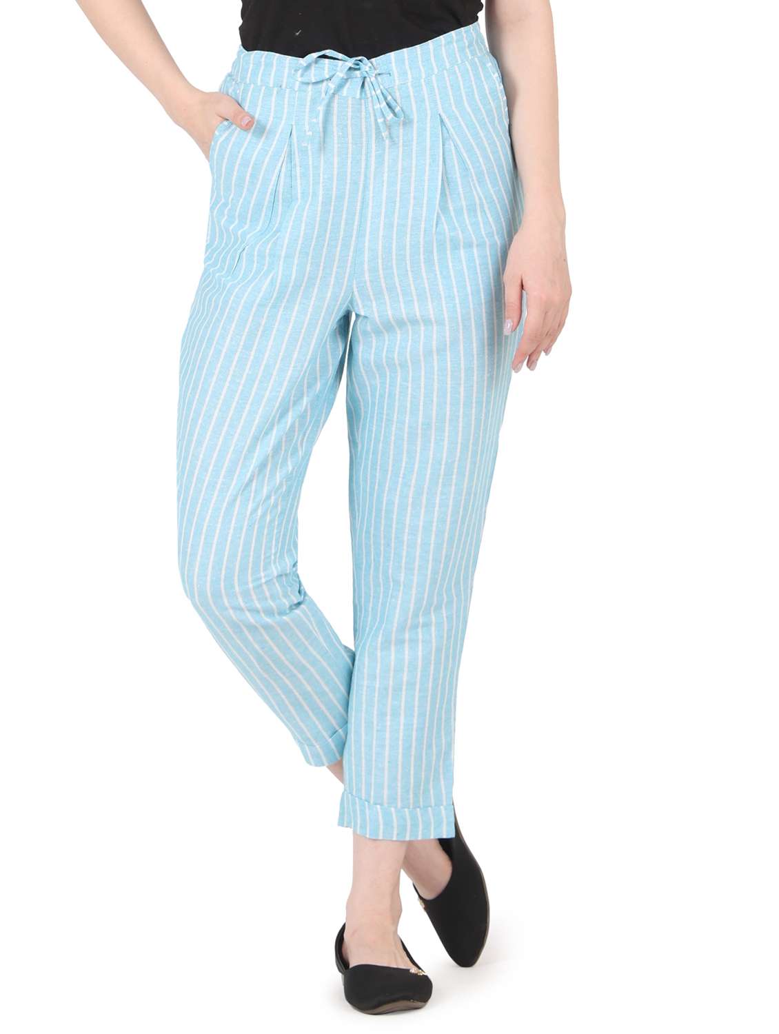 women striped high rise straight trouser
