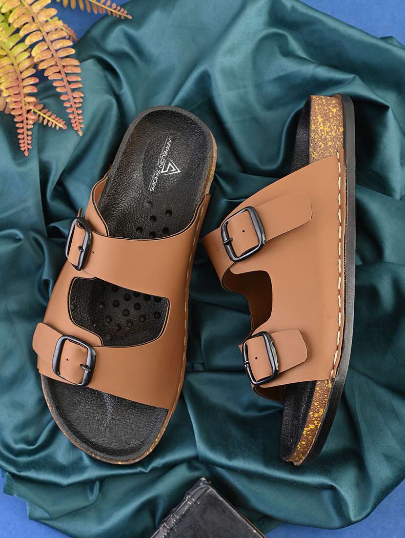 women tan slip on sandal
