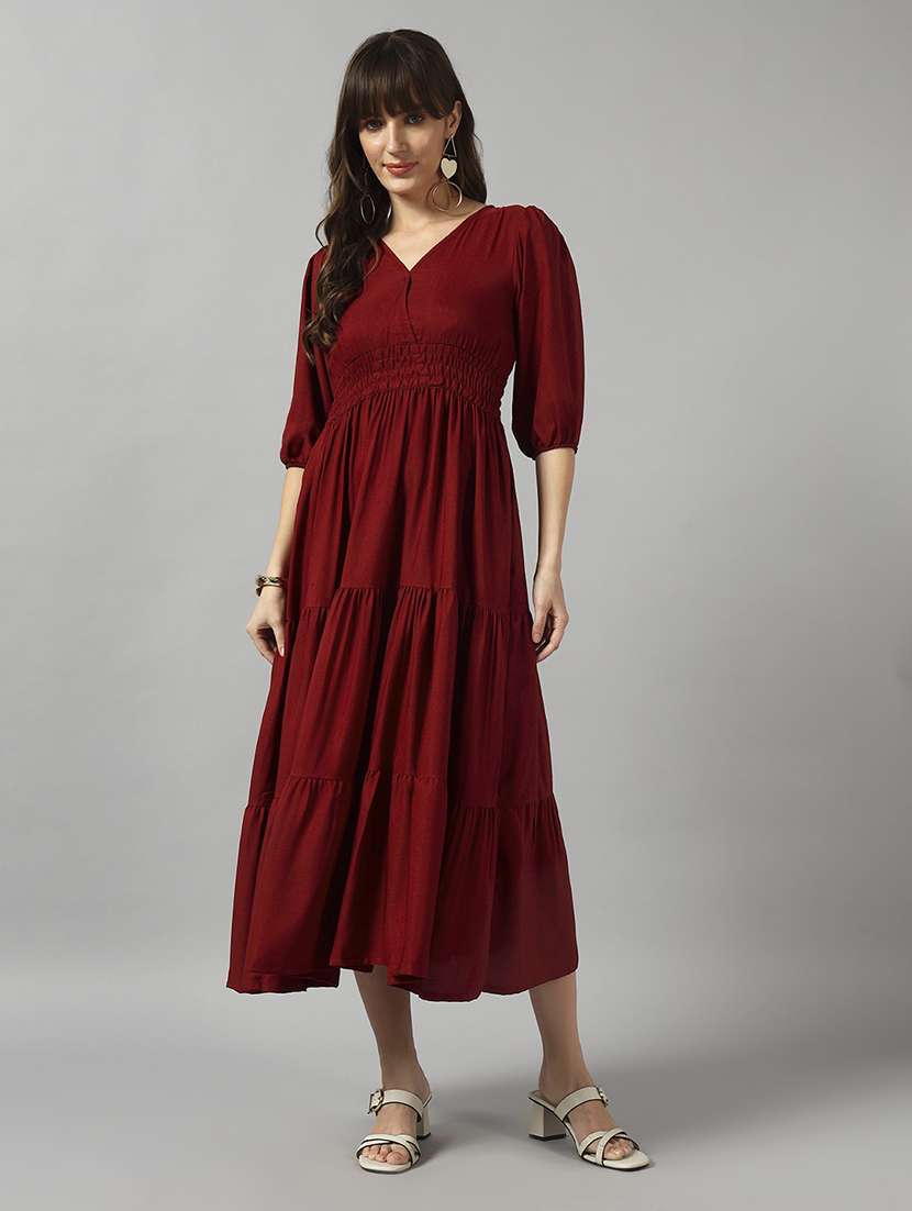 women solid puff sleeve tiered dress - 22089244 - Zoom Image - 0