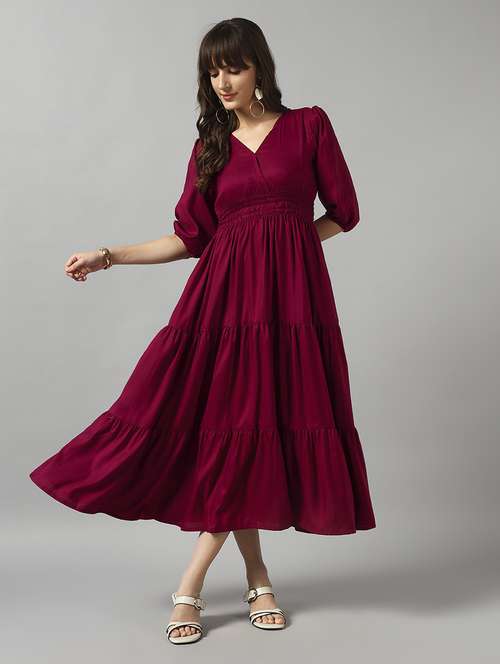 women solid puff sleeve tiered dress - 22089251 - Standard Image - 0