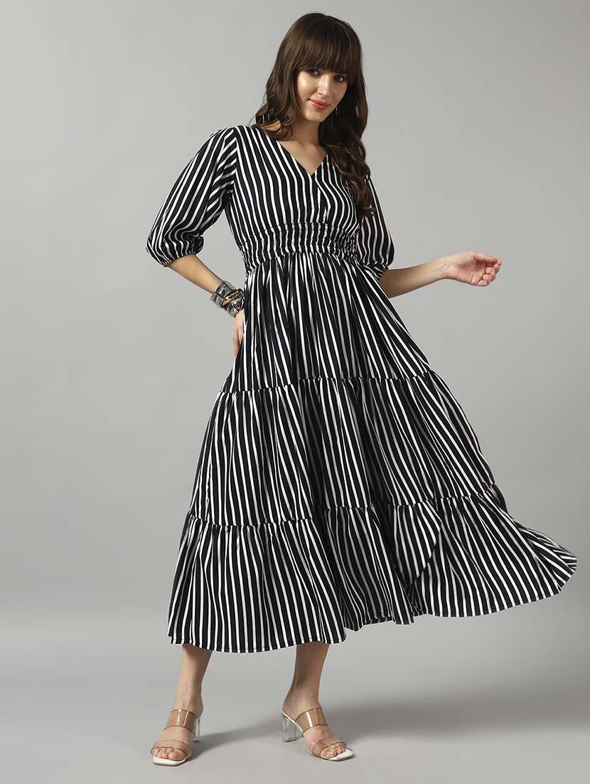 women striped three quarter sleeve tiered dress