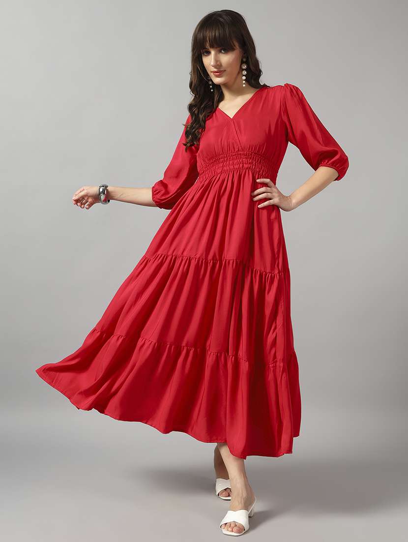 women solid puff sleeve tiered dress - 22089258 - Zoom Image - 0