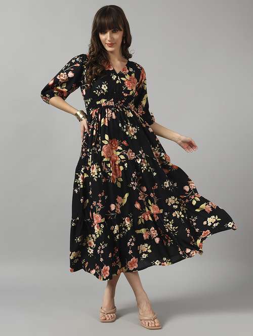 women floral print three quarter sleeve tiered dress - 22089259 -  Standard Image - 0