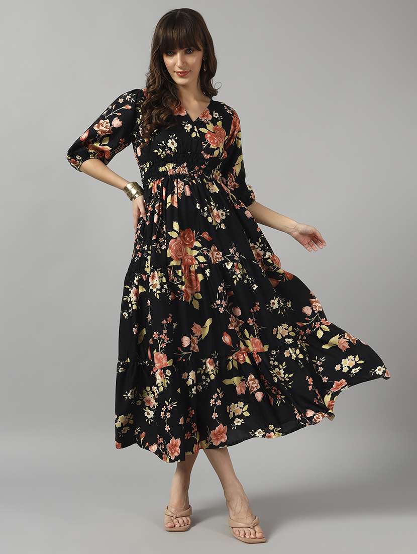 women floral print three quarter sleeve tiered dress - 22089259 -  Zoom Image - 0