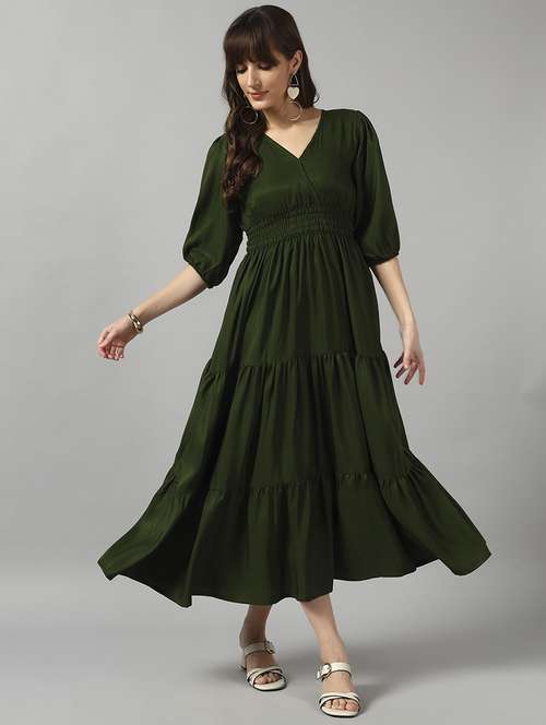 women solid puff sleeve tiered dress - 22089262 - Standard Image - 0