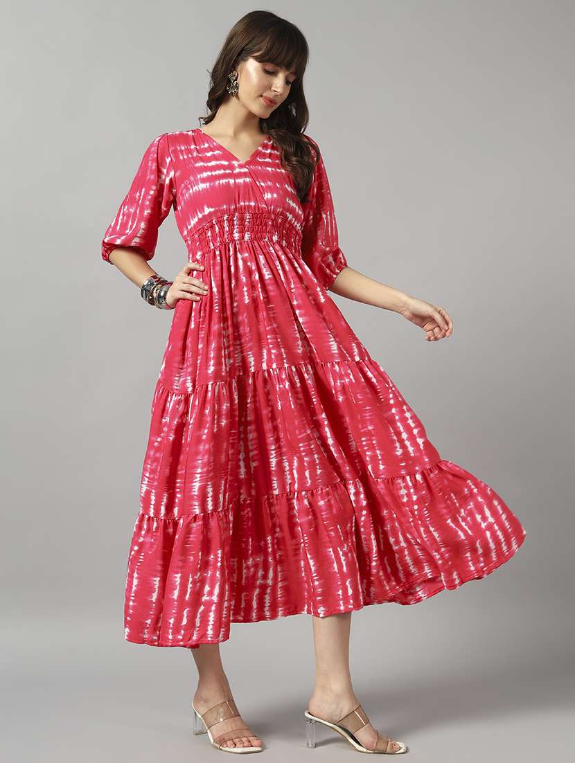 women tie & dye printed puff sleeve tiered dress