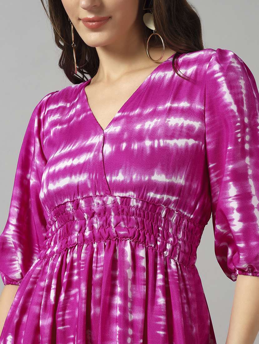 women tie & dye printed puff sleeve tiered dress - 22089267 -  Standard Image - 3