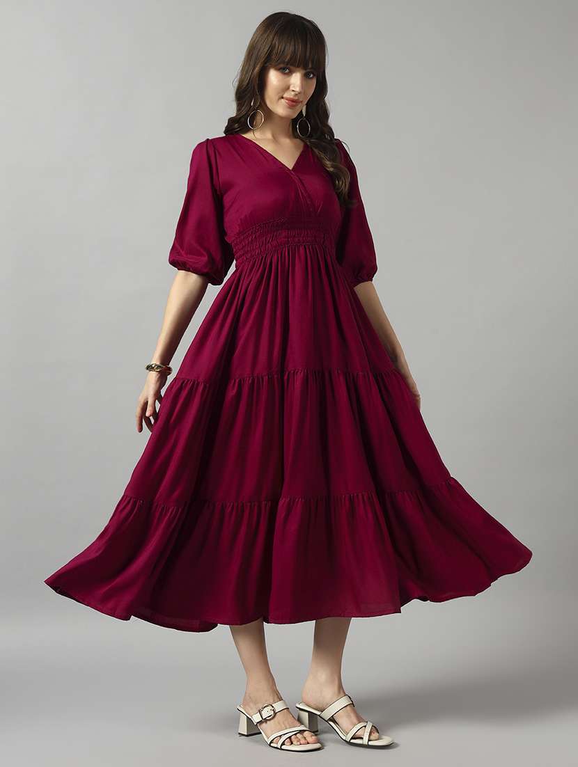 women solid puff sleeve tiered dress