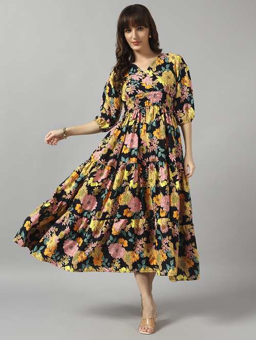 women floral print three quarter sleeve tiered dress - 22089269 -  Standard Image - 0