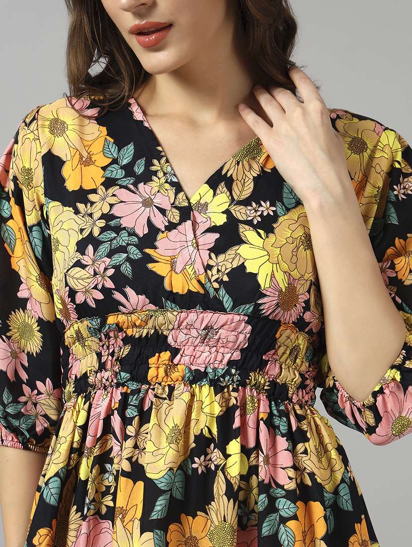 women floral print three quarter sleeve tiered dress - 22089269 - Standard Image - 3