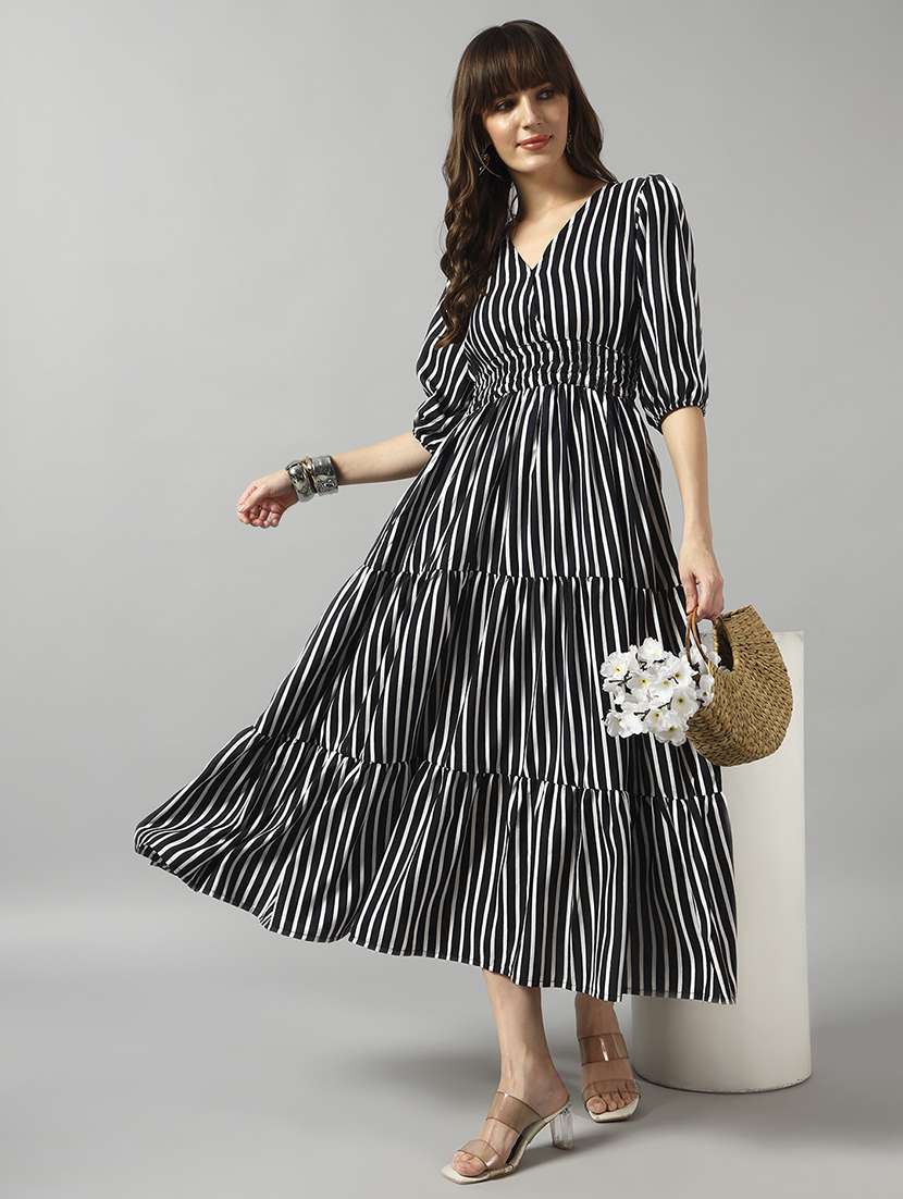 women striped three quarter sleeve tiered dress