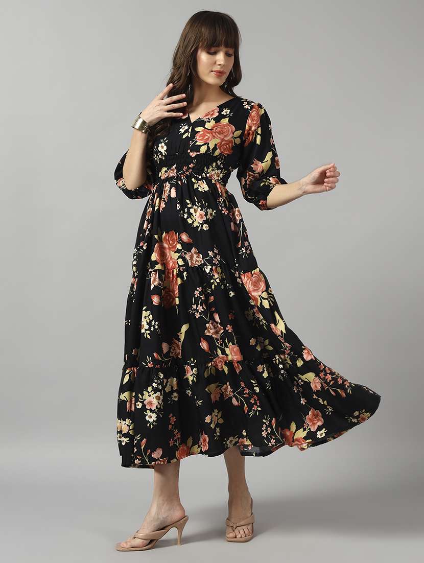 women floral print three quarter sleeve tiered dress - 22089276 -  Zoom Image - 0
