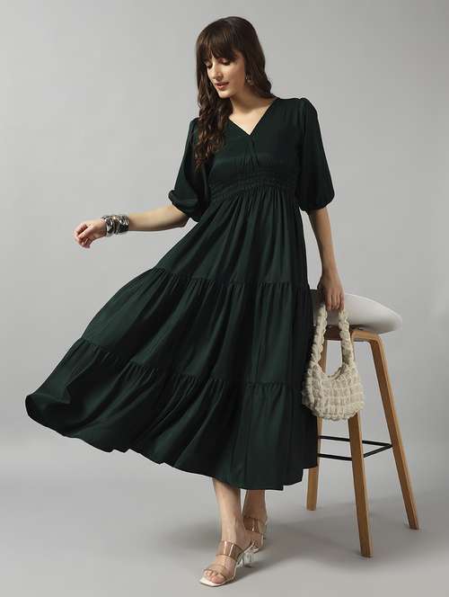women solid puff sleeve tiered dress - 22089277 - Standard Image - 0