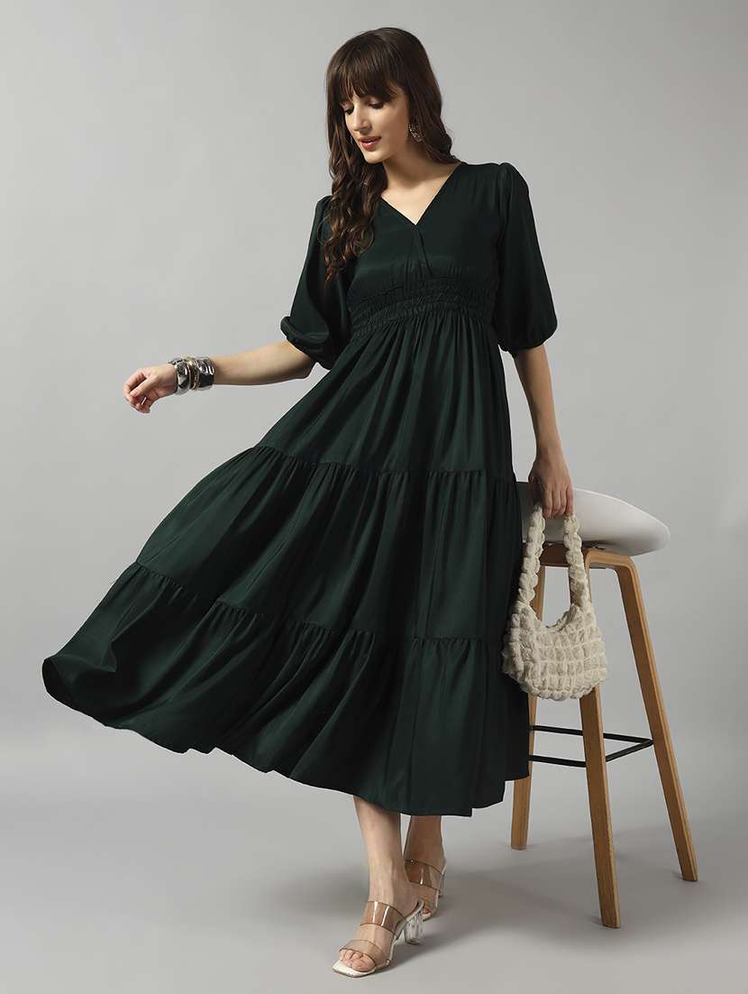 women solid puff sleeve tiered dress - 22089277 - Zoom Image - 0