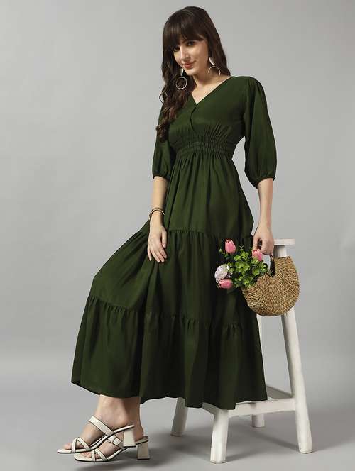 women solid puff sleeve tiered dress - 22089279 - Standard Image - 0
