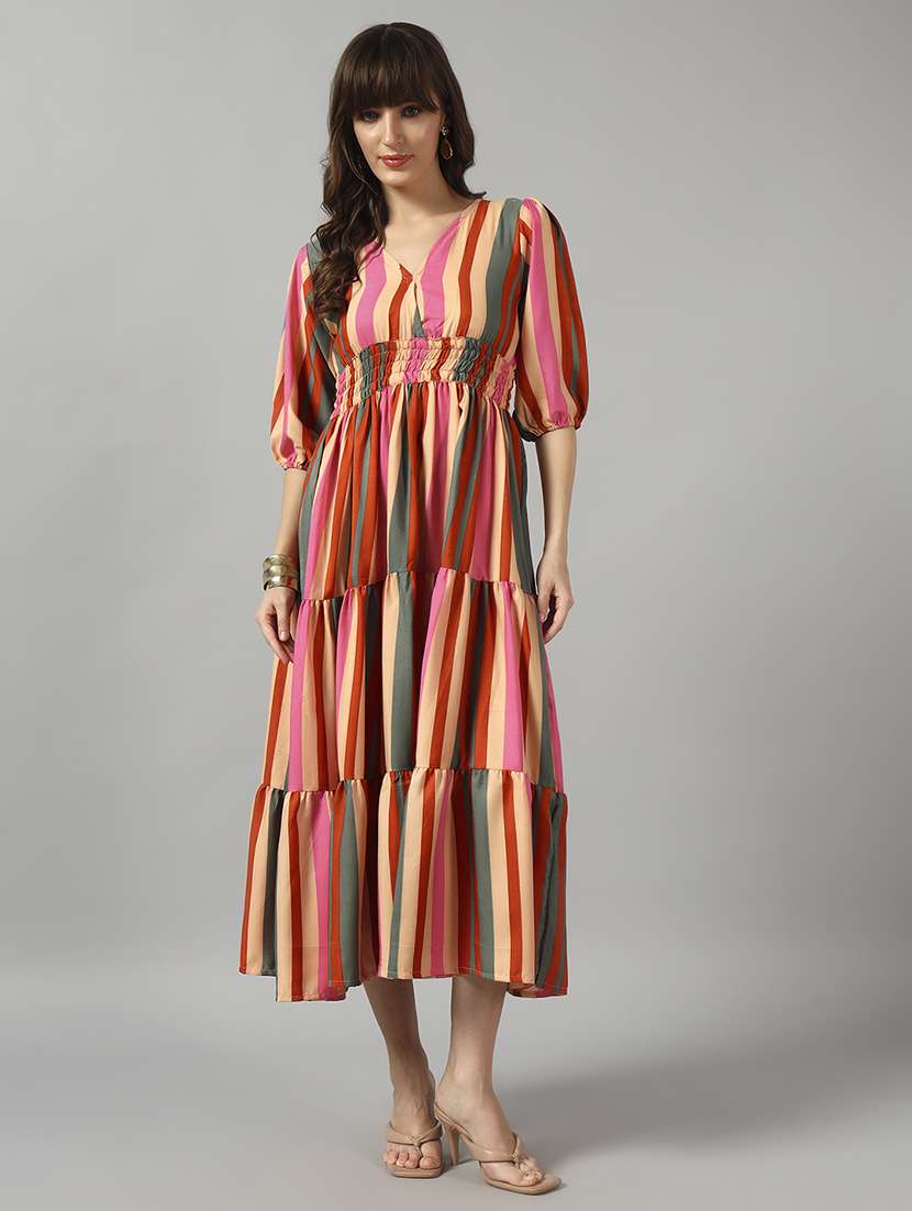 women striped three quarter sleeve tiered dress