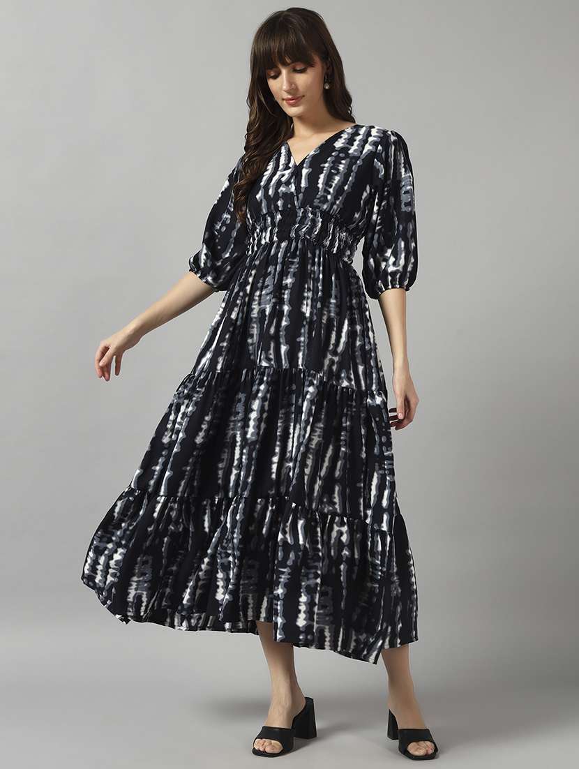 women tie & dye printed puff sleeve tiered dress - 22089281 - Zoom Image - 0
