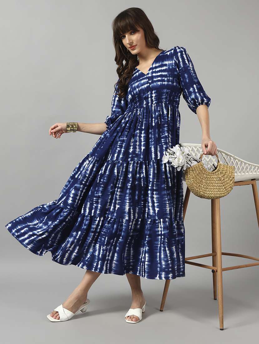 women tie and dye three quarter sleeve tiered dress - 22089282 -  Zoom Image - 0