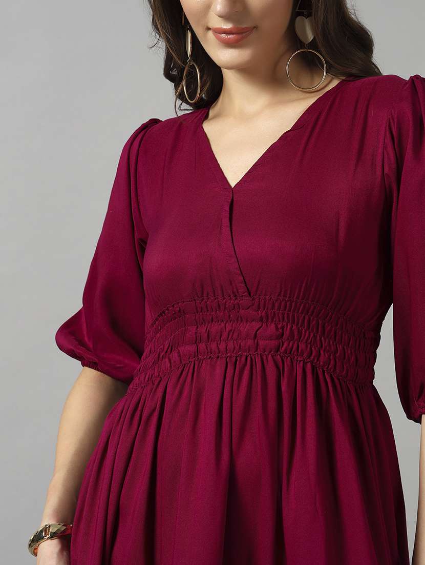 women solid puff sleeve tiered dress - 22089285 -  Standard Image - 3