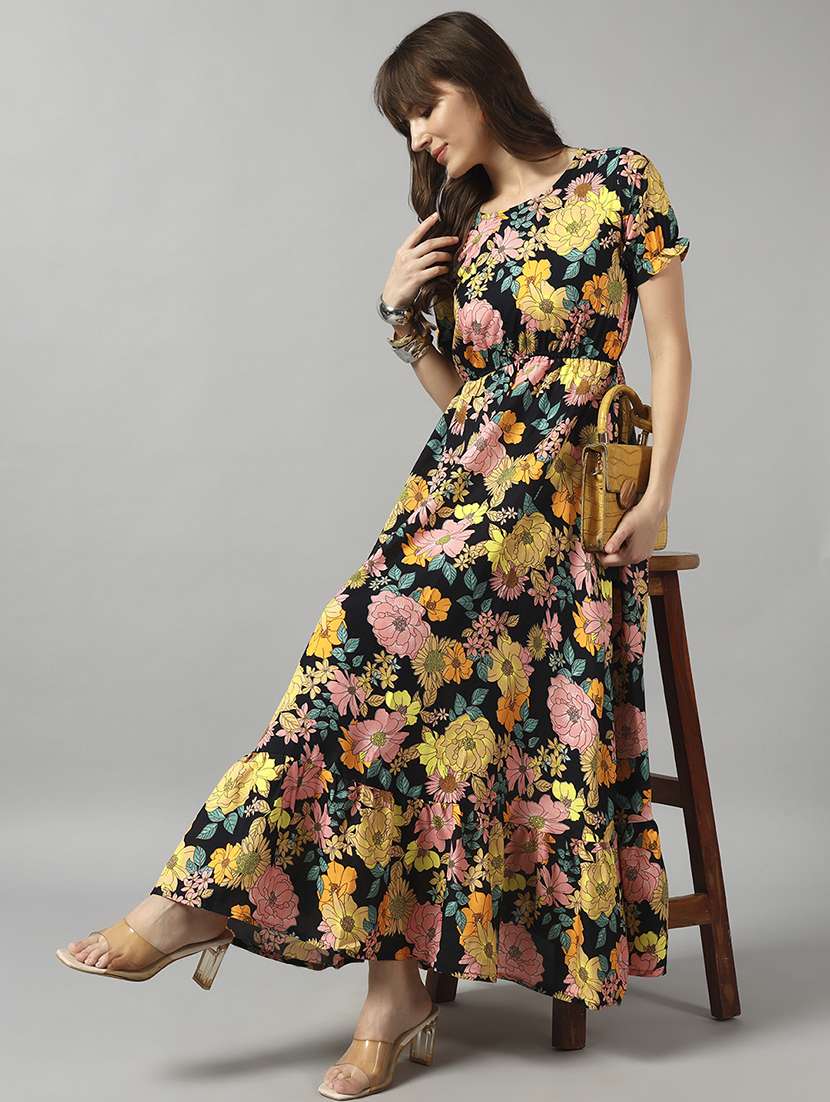 women printed short sleeve tiered dress