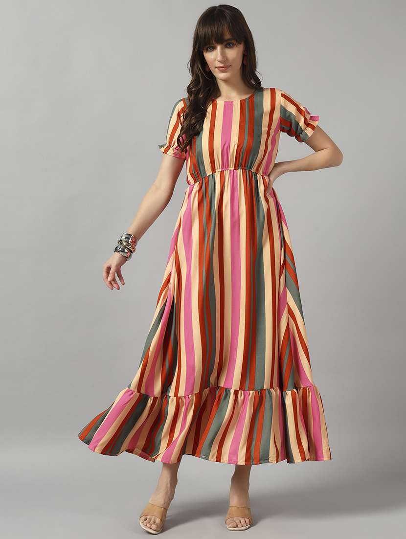 women striped short sleeve tiered dress