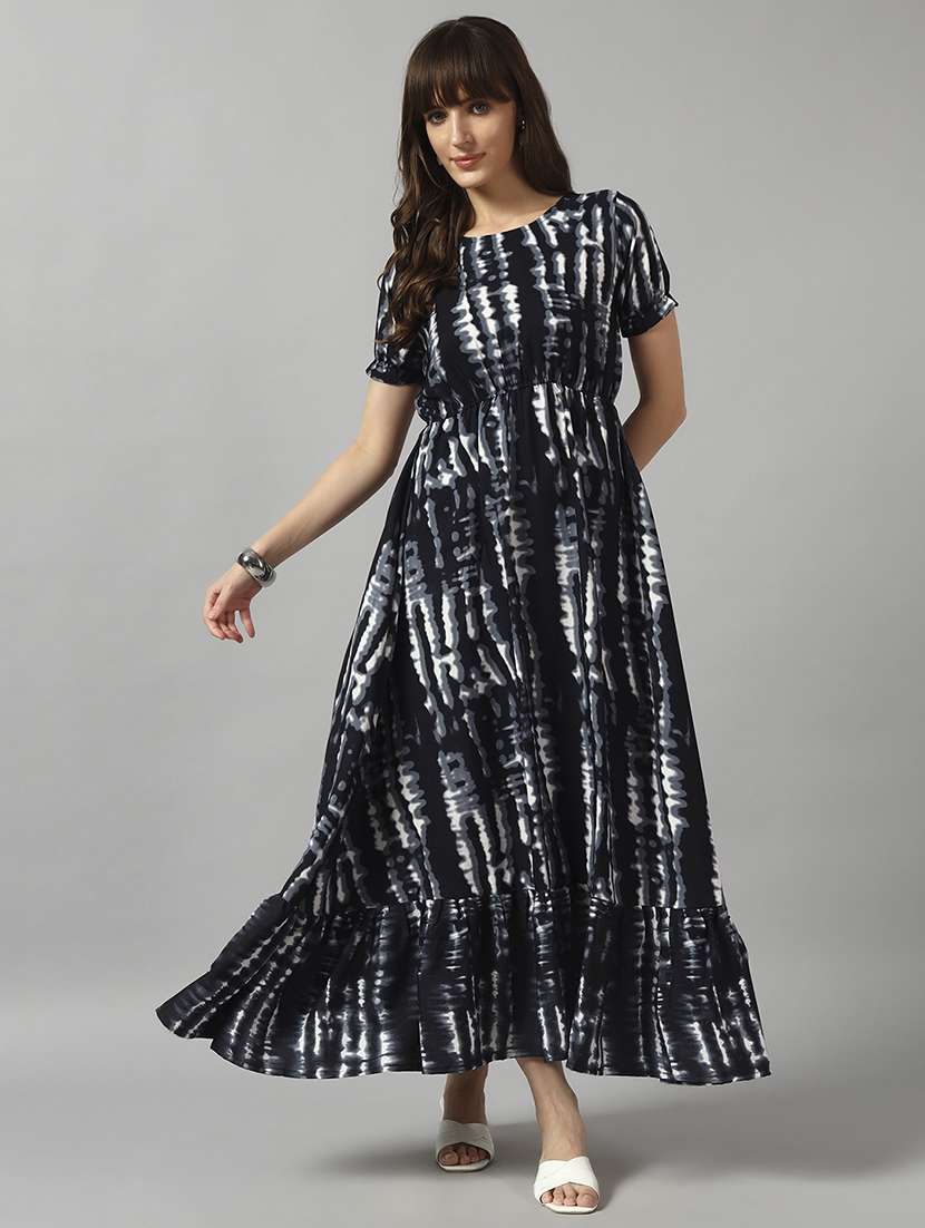 women tie & dye printed puff sleeve tiered dress - 22089303 - Zoom Image - 0
